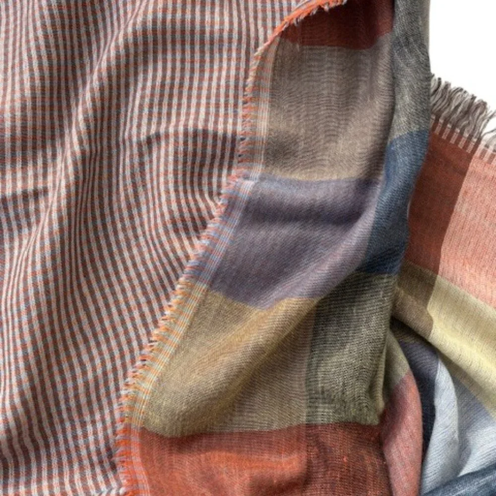Luxurious Reversible Cashmere Scarf/Wrap Blue Green Rust Gray